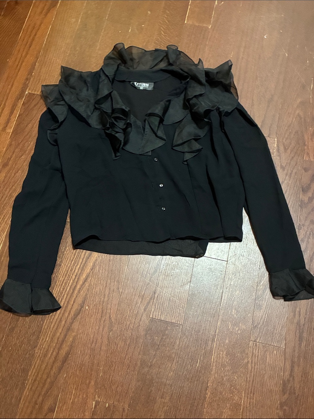 Vintage Black Ruffled Sheer-Trim Button Front Blouse